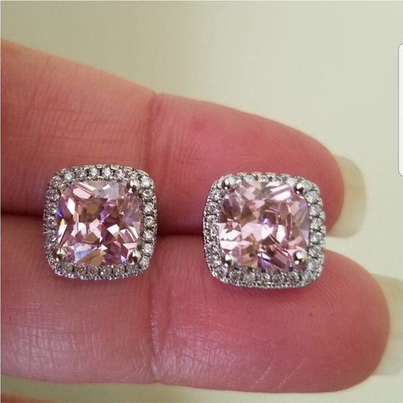 Swarovski Elements 925 Sterling Silver Pink Cushion Halo Solitaire Earrings NWT - Picture 9 of 9
